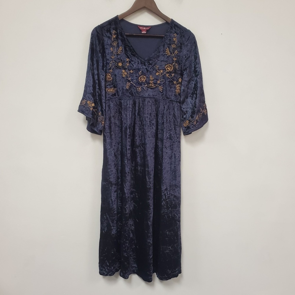 April Cornell Womens Embroidered Velvet Bell Sleeve Maxi Dress Size XS Blue